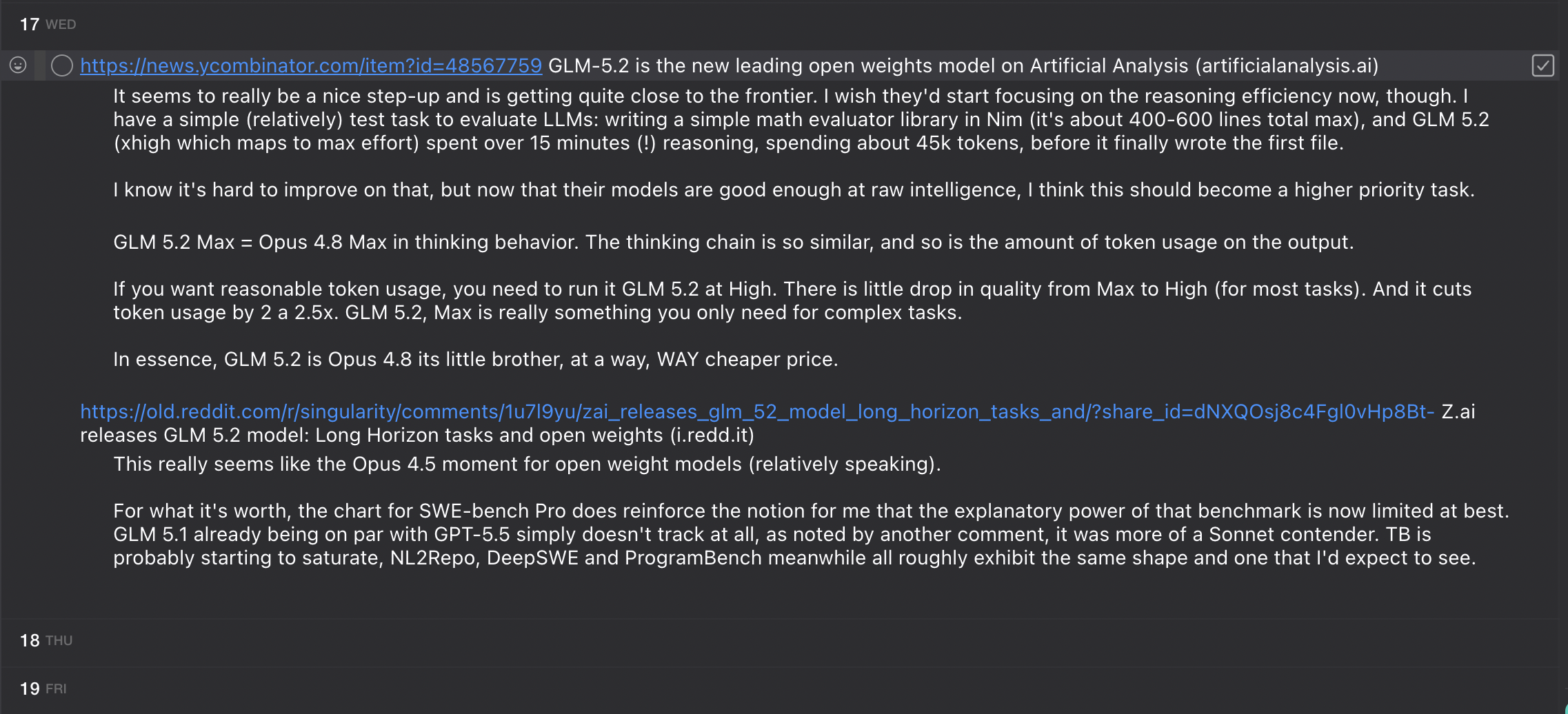 A day in the jotsum AI Links timeline: a link entry headlined 'GLM-5.2 is the new leading open weights model on Artificial Analysis', with several of the reader's own reactions logged underneath it as sub-entries the same day.
