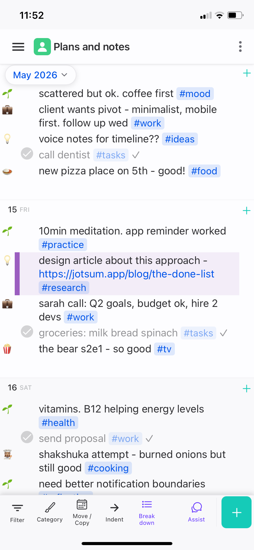 jotsum on iPhone showing the same timeline